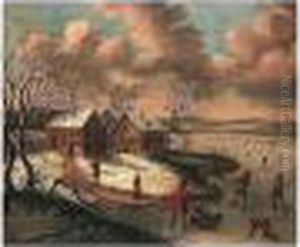 A Winter Landscape With Figures Skating On A Frozen River Before A Hamlet