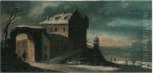 A Winter Landscape At Dusk With Travellers Before A House
