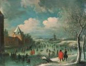A Winter Landscape With Townsfolk Skating On A Frozen Moat
