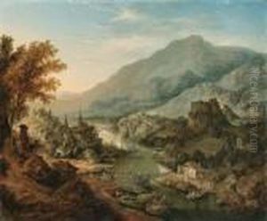 A Rhenish Landscape With Peasants And Boats In The Foreground, Atown Beyond by Jan Griffier I