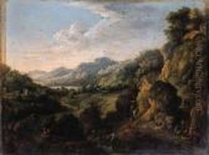 A Rhenish Landscape With Travellers On A Track By A Waterfall by Jan Griffier I
