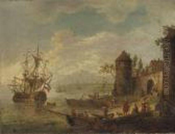 A Coastal Landscape With A
Sailing Vessel Near A Walled Town, Otherboats And Figures Nearby - view 1