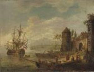 A Coastal Landscape With A
Sailing Vessel Near A Walled Town, Otherboats And Figures Nearby by Robert Griffier