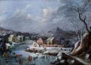 Winterlandschaft Mit Eislaufern.