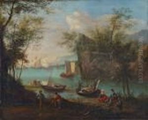 Bewaldete Flusslandschaft Mit Segelschiffen Und Fischern.