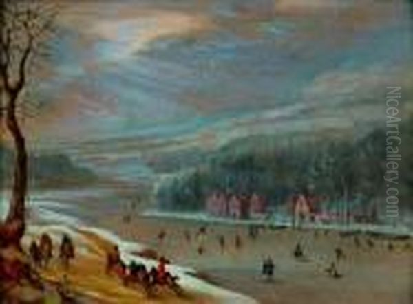 Paysage De Riviere Gelee Anime De Patineurs - view 1