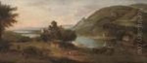An Extensive River Landscape With A Barge, Figures, Livestock And A Ruined Castle by Robert Griffier
