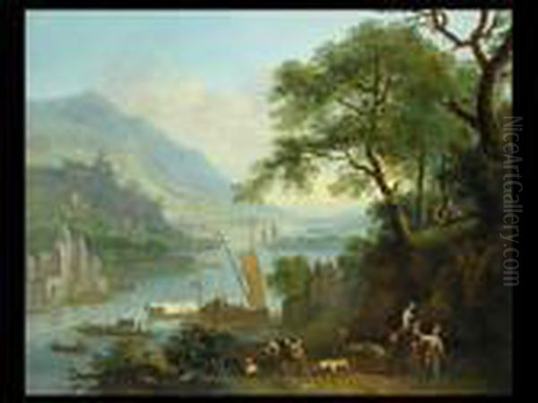 Flusslandschaft Mit Burgen, Schiffen Und Fahre Sowie Hirten Undreitern
Rechts Am Felsen Signiert - view 1