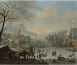 An Extensive Winter Landscape 
With Skaters On A Frozen River And Peasants Warming Themselves Near A 
Fire In The Foreground