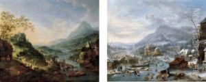 Summer: An Extensive Rhenish
Landscape With Boats At A Quayside And Peasants By An Inn; And Winter: A
Frozen Winter Landscape With Peasants by Robert Griffier