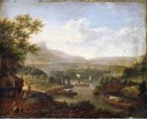 A Rhenish River Landscape With Figures Seated Outside A Tavern In The Foreground