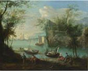 A Wooded River Landscape With
Sailing Boats And Fishermen With Their Nets In The Foreground by Robert Griffier
