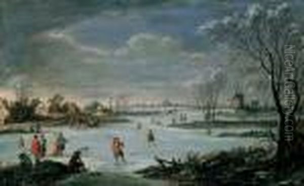 Winterlandschaft Mit Zugefrorenem Kanal Und Eislaufern. - view 1