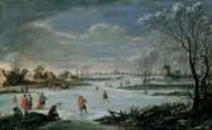 Winterlandschaft Mit Zugefrorenem Kanal Und Eislaufern. by Robert Griffier
