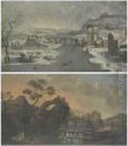 A Winterlandscape With A Figure 
Skating On The Ice And Other Figures In The Snow Near A Village;a 
Landscape With Horsemen And Hunters Near A Waterfall