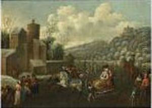 A Winter Landscape With An 
Elegant Couple Sleigh Riding And Other Figures Skating Near A 
Fortification