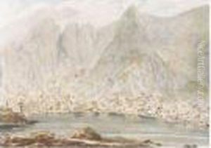 Llyn-y-boch On The Lake Of The
Grey Goat In Nant Ffrankon, Caernarvonshire With The Glynden In The
Distance; The Entrance Into Nant Frankon by Moses Griffiths