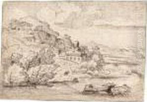 River Landscape With A Steep Hill by Giovanni Francesco Grimaldi
