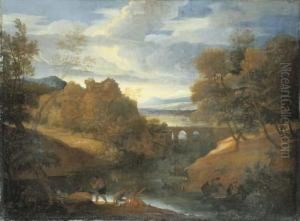 A Classical River Landscape With Figures Fishing A Classical River Landscape With Figures Fishing