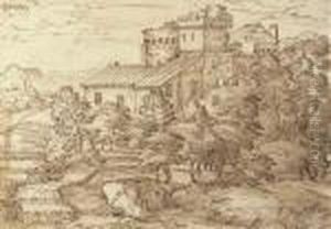 An Extensive Wooded Landscape With Fortified Farm Buildings by Giovanni Francesco Grimaldi