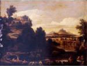 A Classical River Landscape With Figures Fishing