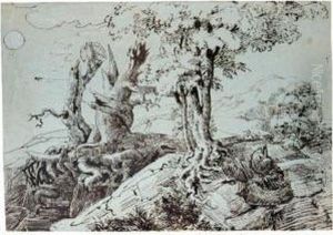 Rugged Moonlit Landscape, With A
 Woman Seated By Gnarled Tree-roots, And An Owl On A Dead Tree-trunk