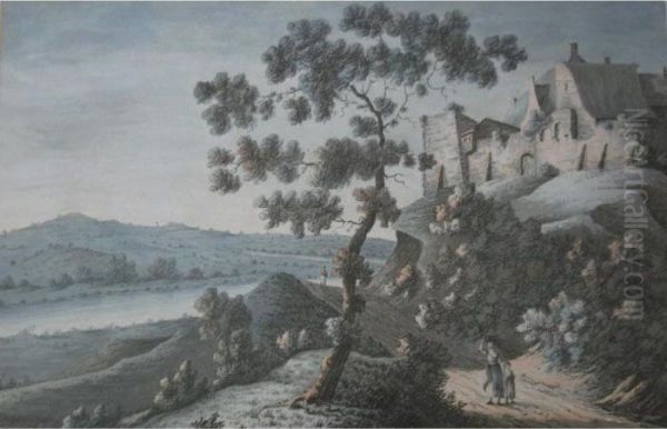 Countryfolk On A Path Beneath A Walled House - view 1