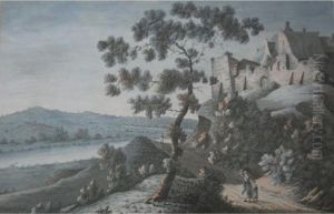 Countryfolk On A Path Beneath A Walled House by Samuel Hieronymus Grimm