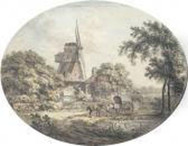 A Windmill With Horses And A Cart By A Pond - view 1