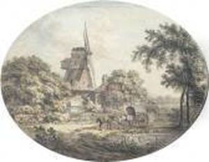 A Windmill With Horses And A Cart By A Pond by Samuel Hieronymus Grimm