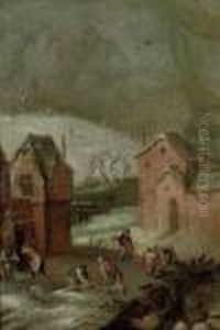 A Winter Landscape With Peasants Slaughtering Pigs In A Courtyard