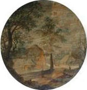 A Wooded Landscape With Two Women And A Waggon On A Track Near Cottages