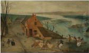 Landscape With A Flood And Peasants Rescuing Cattle - Anallegory Of Autumn by Abel Grimmer