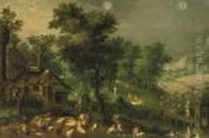 An Allegory Of Summer With Three
 Signs Of The Zodiac: A Wooded Landscape With Peasants Shearing Sheep 
And Harvesting Corn by Abel Grimmer