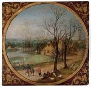 Autumn: A Village Scene With 
Peasants And Livestock By A Road, Cottages And A Windmill Beyond, In A 
Feigned Roundel, The Spandrels Decorated With An Acanthus Motif by Abel Grimmer