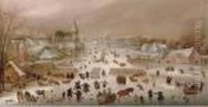 A Winter Landscape With Skaters On A Frozen River By A Town by Abel Grimmer