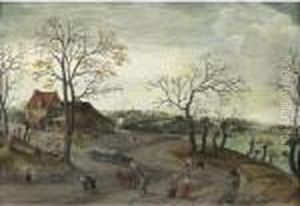 Autumn: A River Landscape With Peasants And Woodcutters On A Road Near A Village by Abel Grimmer