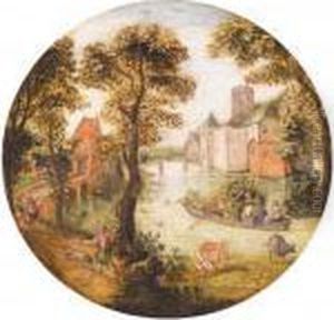A River Landscape With A 
Huntsman In The Foreground And An Elegant Company In A Boat Beyond