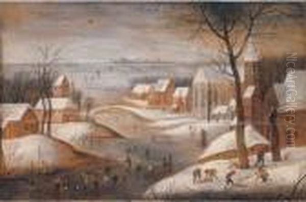 A Wooded Winter River Landscape 
With A Town, Skaters Andwoodchoppers, Another Town Beyond - view 1