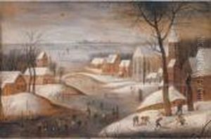 A Wooded Winter River Landscape 
With A Town, Skaters Andwoodchoppers, Another Town Beyond