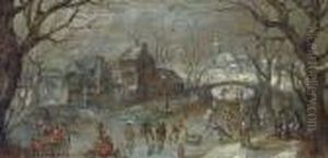 A Winter Townscape With Skaters On A Frozen Lake by Abel Grimmer