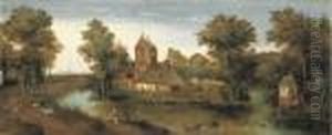 A Moated Tower With Farmhouses