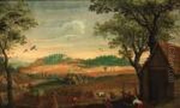 A Harvest Landscape With Peasants Toiling In A Field, A Farmsteadbeyond - view 1