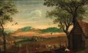 A Harvest Landscape With Peasants Toiling In A Field, A Farmsteadbeyond by Abel Grimmer