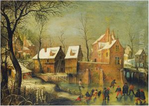 Townscape With Skaters On A Frozen River by Jacob Grimmer