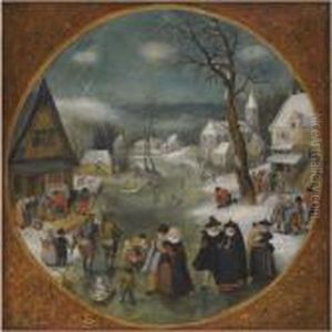 A Winter Landscape With Figures Skating by Jacob Grimmer