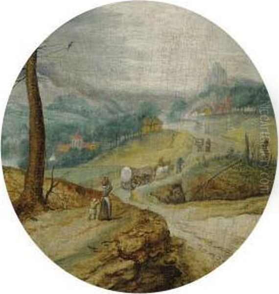 Peasants With A Horse Drawn Wagon On A Country Road, A View Of Avillage Beyond - view 1