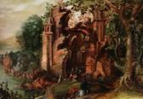 Ruine In Waldlandschaft Mit Figurenstaffage - view 1
