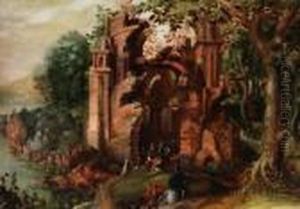 Ruine In Waldlandschaft Mit Figurenstaffage