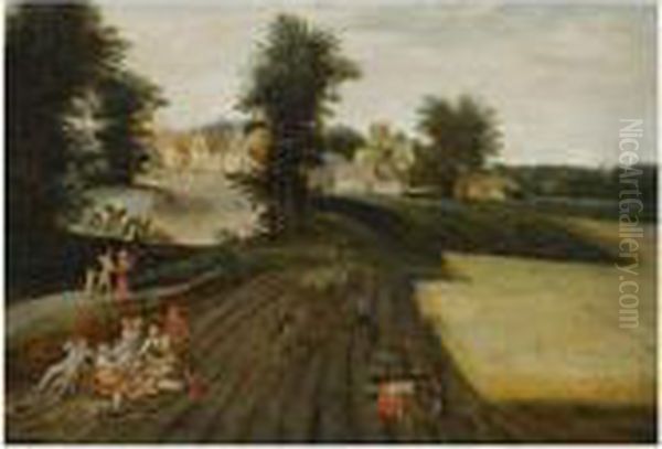 A Landscape With Farmers
Harvesting, Figures Having A Picknick To The Left, A Village Beyond - view 1